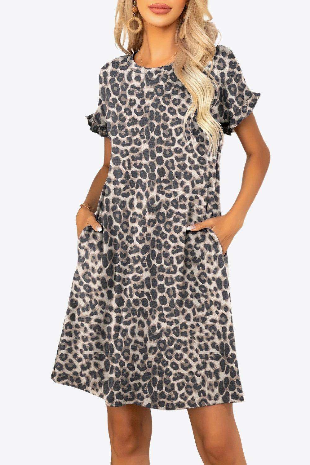 Flounce Sleeve Round Neck Dress with Pockets - Trendsi - Flyclothing LLC