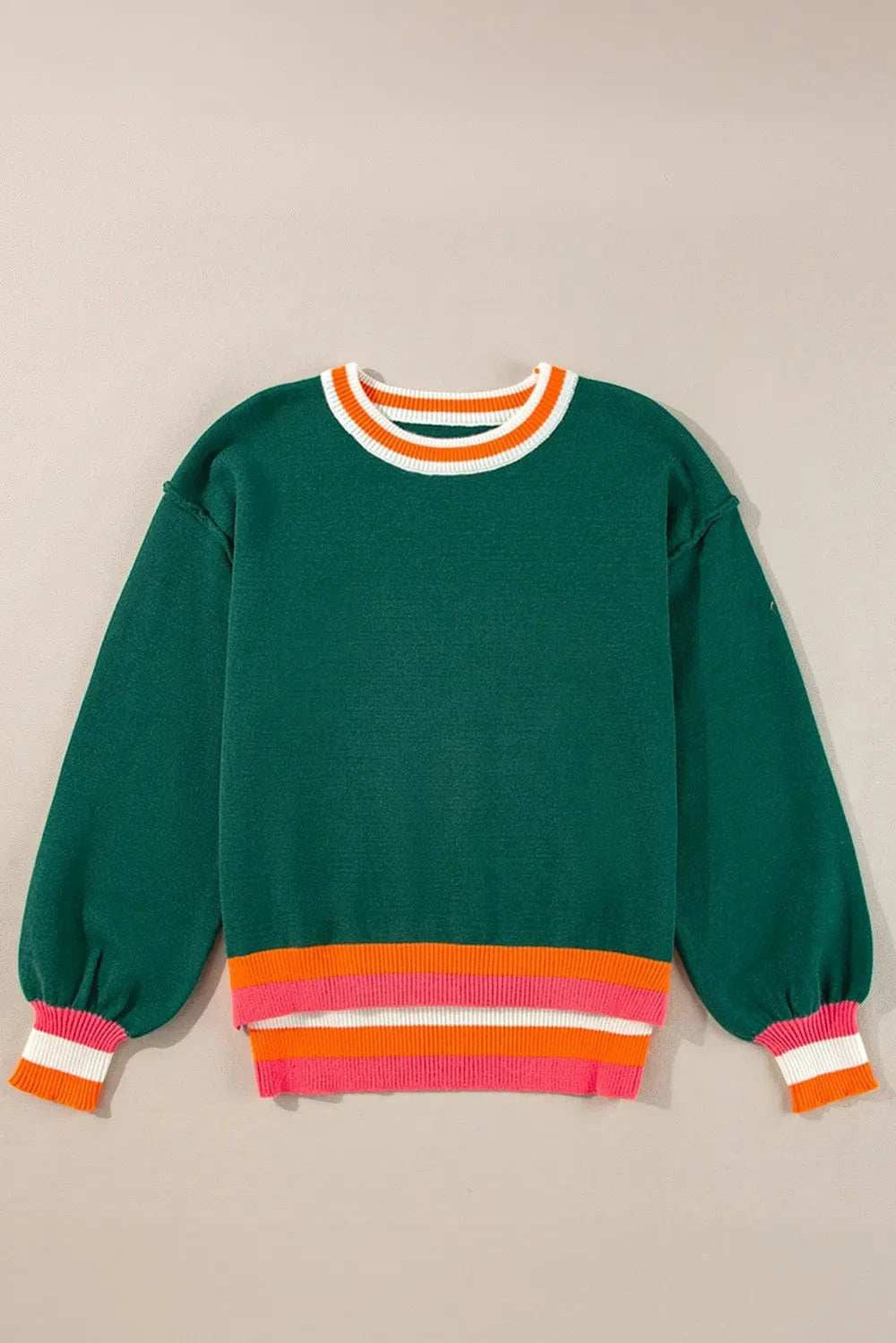 Contrast Round Neck Long Sleeve Sweater - Trendsi - Flyclothing LLC