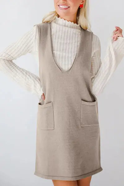 Lovelet Pocketed V-Neck Mini Sweater Overall Dress - Trendsi - Flyclothing LLC