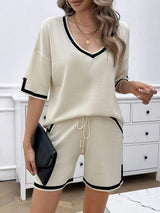 Contrast Trim V-Neck Top and Shorts Set - Trendsi - Flyclothing LLC