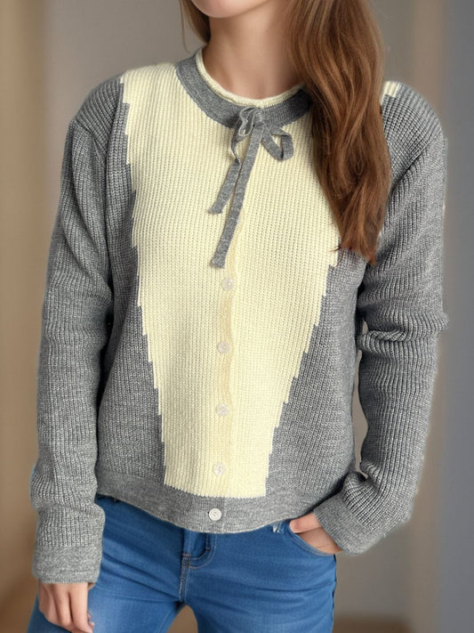 Contrast Button Down Long Sleeve Cardigan - Trendsi