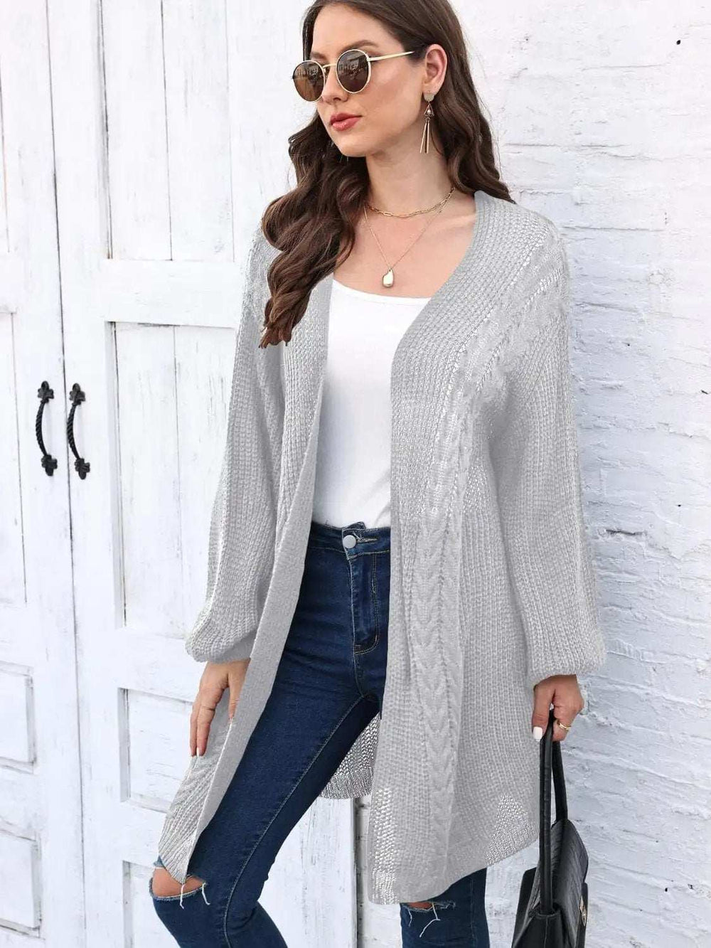 Cable-Knit Open Front Long Sleeve Cardigan - Trendsi - Flyclothing LLC
