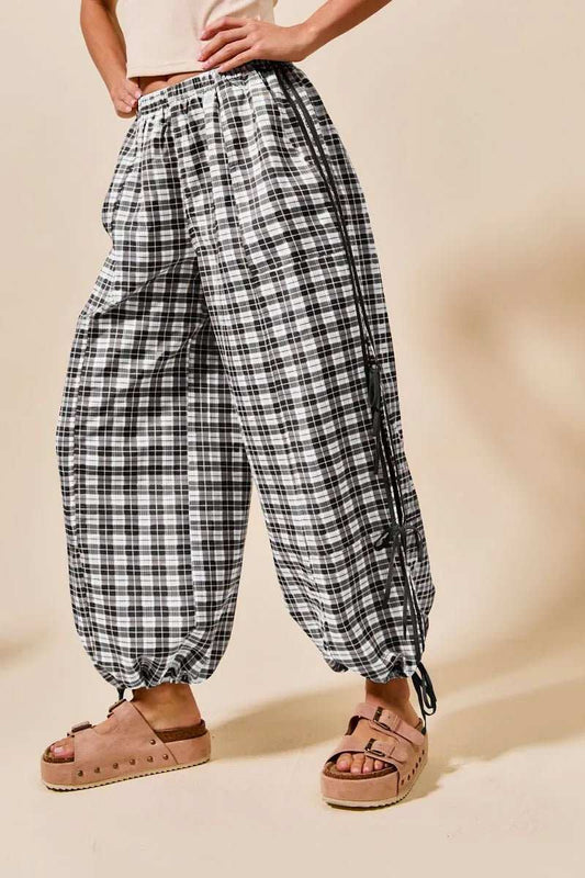 SO ME Plaid Elastic Waist Balloon Pants - Trendsi - Flyclothing LLC