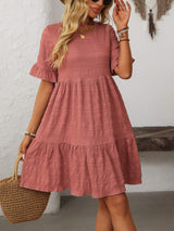 Mandy Ruffled Ruched Round Neck Half Sleeve Dress - Trendsi - Flyclothing LLC