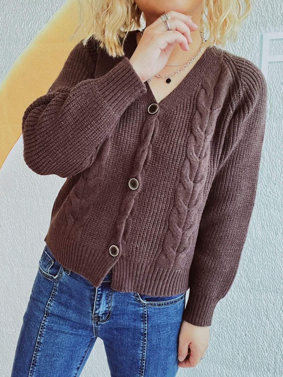 Cable-Knit V-Neck Button Down Long Sleeve Cardigan - Trendsi - Flyclothing LLC