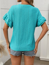 Eyelet Round Neck Flounce Sleeve Top - Trendsi - Flyclothing LLC