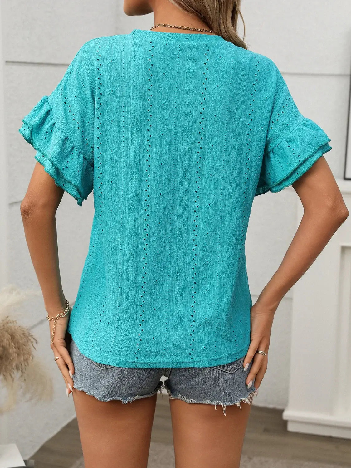 Eyelet Round Neck Flounce Sleeve Top - Trendsi - Flyclothing LLC