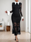 Perfee Lace Contrast Collared Neck Long Sleeve Midi Dress - Trendsi