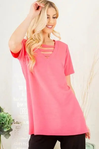 Heimish Full Size V-Neck Short Sleeve T-Shirt with Bar Detail Plus Size - Trendsi - Flyclothing LLC