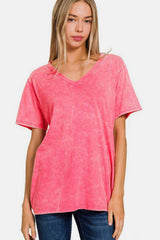 Zenana Full Size Washed Short Sleeve V-Neck T-Shirt - Trendsi - Flyclothing LLC