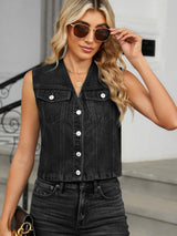 V-Neck Button Down Denim Vest - Trendsi - Flyclothing LLC