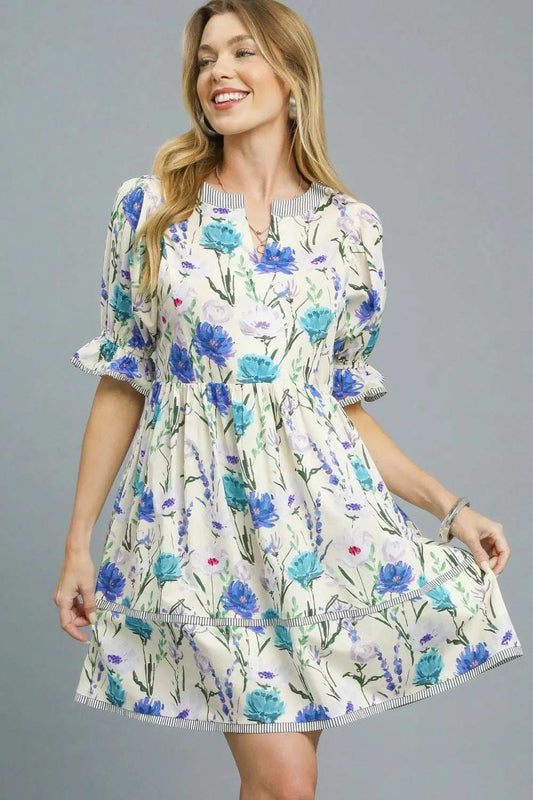 Umgee BabyDoll Floral Striped Hem Mini Dress - Trendsi - Flyclothing LLC