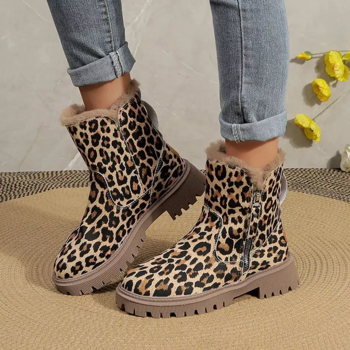 Leopard Print Fur Lined Ankle Boots - Trendsi - Flyclothing LLC
