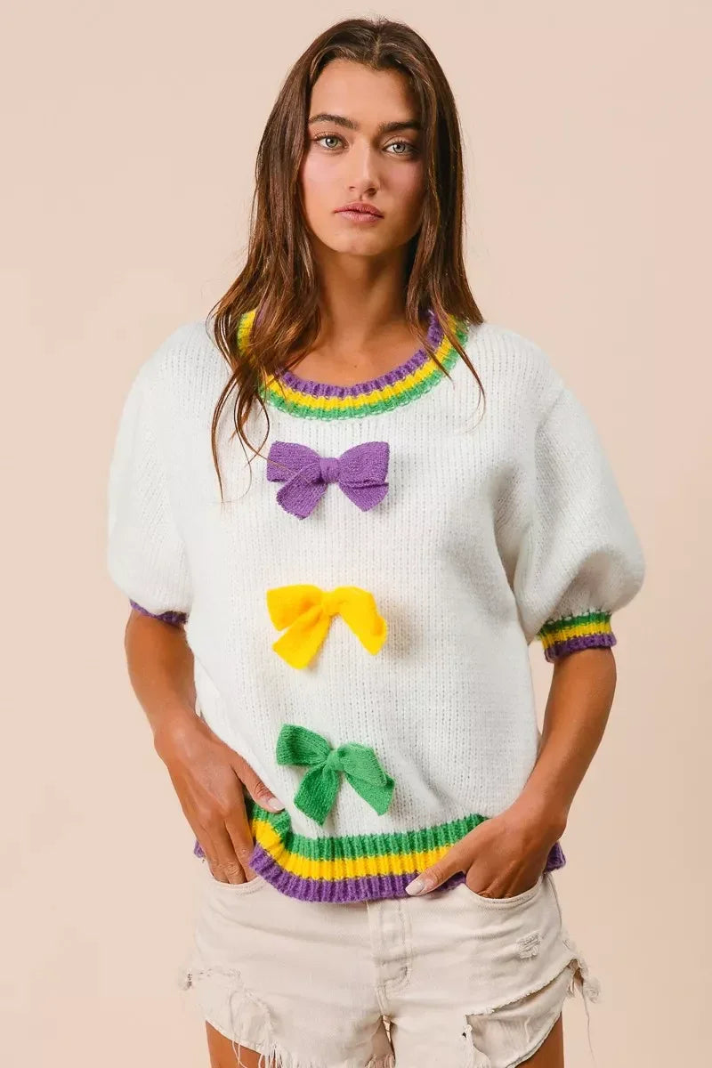 BiBi Short Puff Sleeve Ribbon Bow Mardi Gras Sweater - Trendsi - Flyclothing LLC