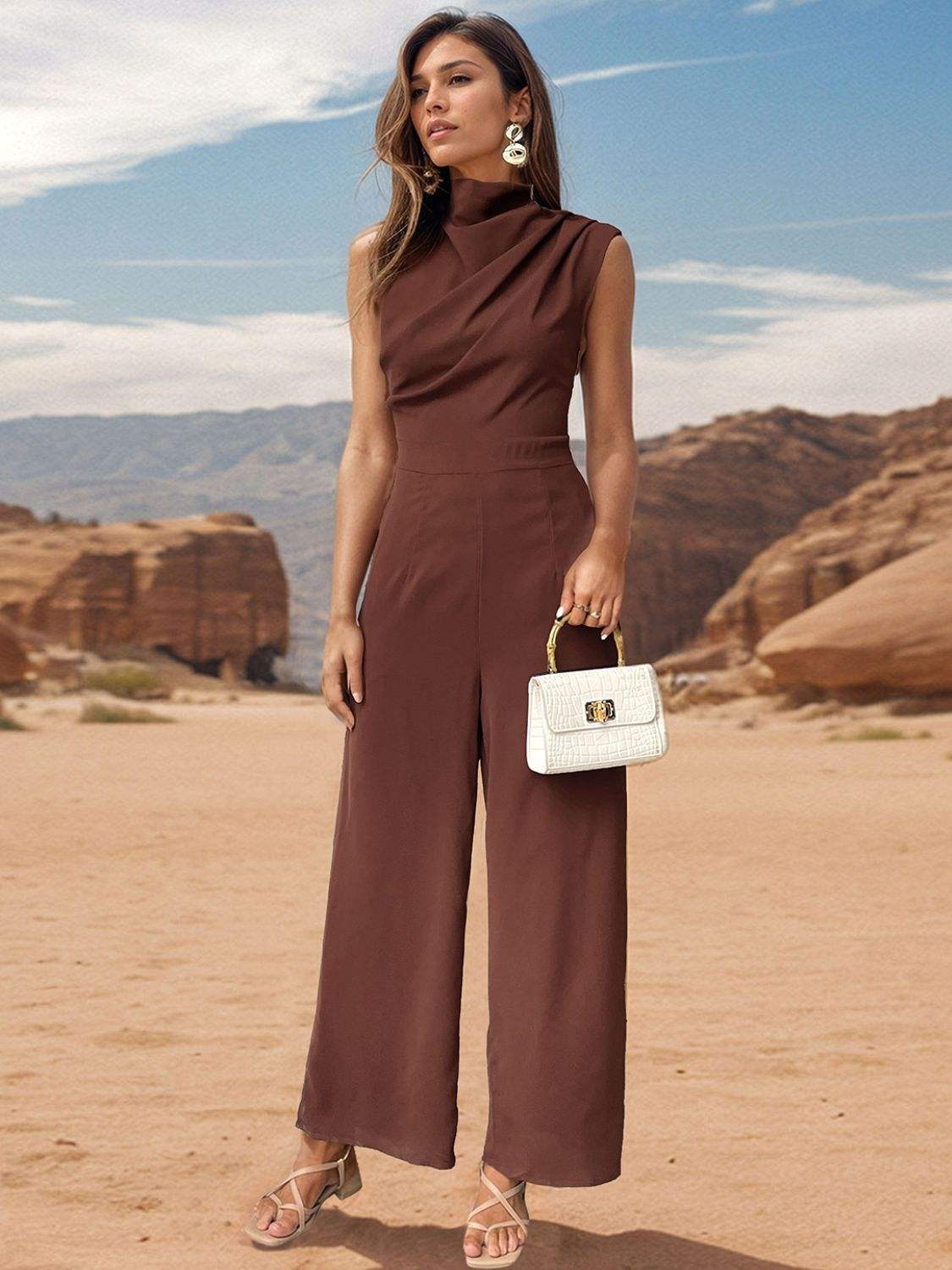 Ruched Mock Neck Sleeveless Jumpsuit - Trendsi - Flyclothing LLC