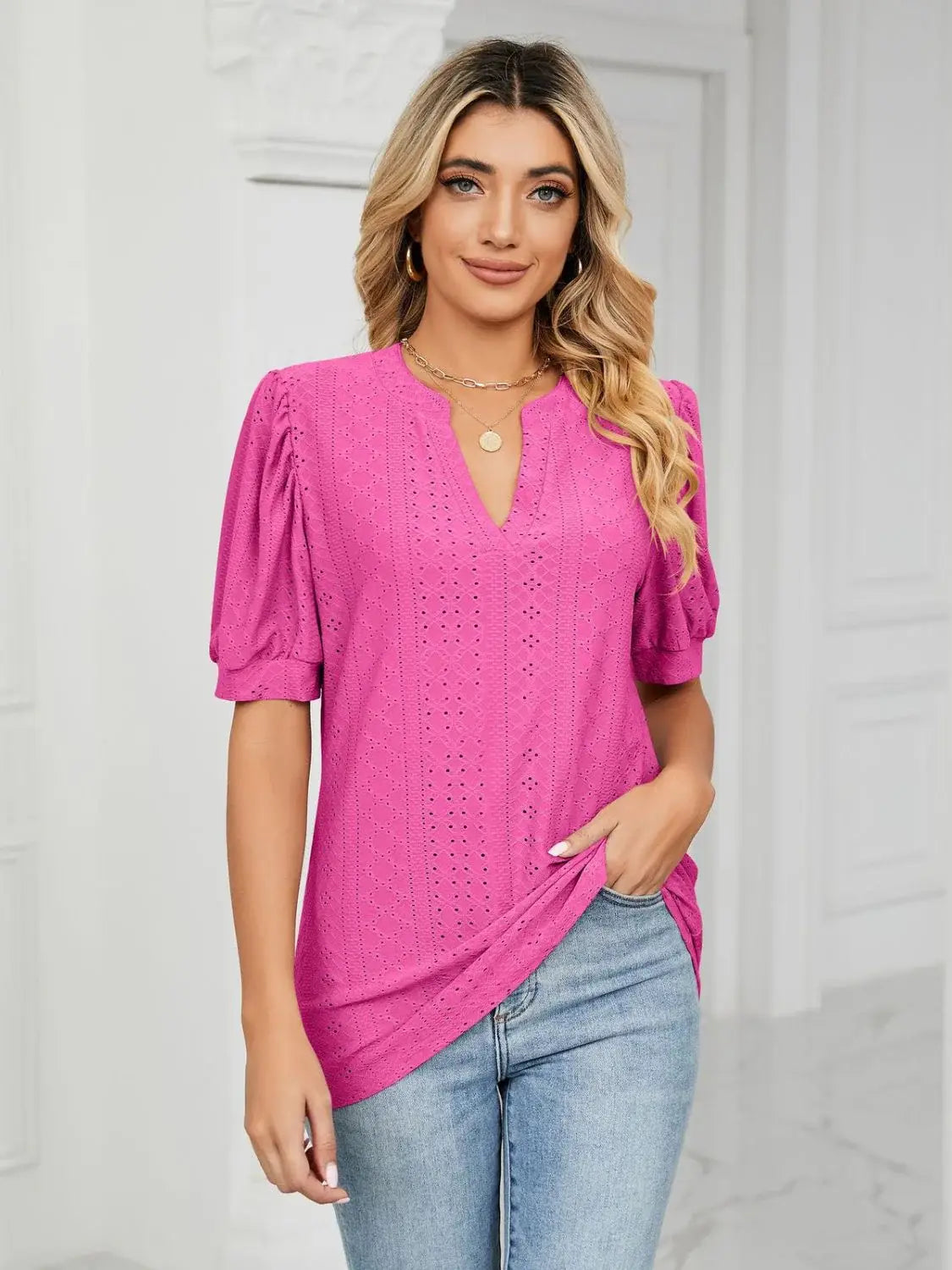 Florira Eyelet Notched Short Sleeve T-Shirt - Trendsi - Flyclothing LLC