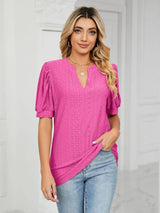 Florira Eyelet Notched Short Sleeve T-Shirt - Trendsi - Flyclothing LLC