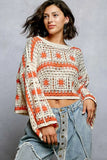 POL Boat Neck Long Sleeve Crochet Top with Granny Square Weaving - Trendsi - Flyclothing LLC