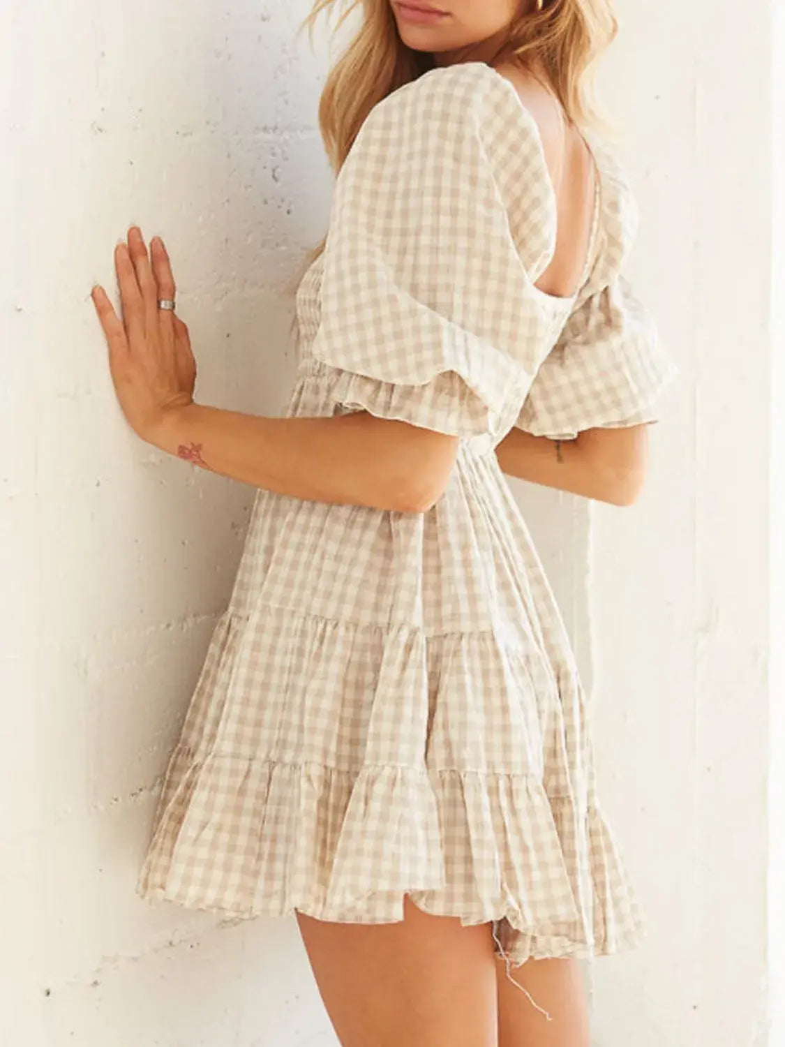 Ruffled Hem Plaid Half Sleeve Mini Dress - Trendsi - Flyclothing LLC
