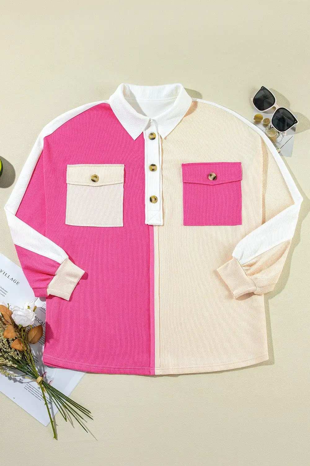 Pocketed Contrast Long Sleeve Sweatshirt - Trendsi - Flyclothing LLC