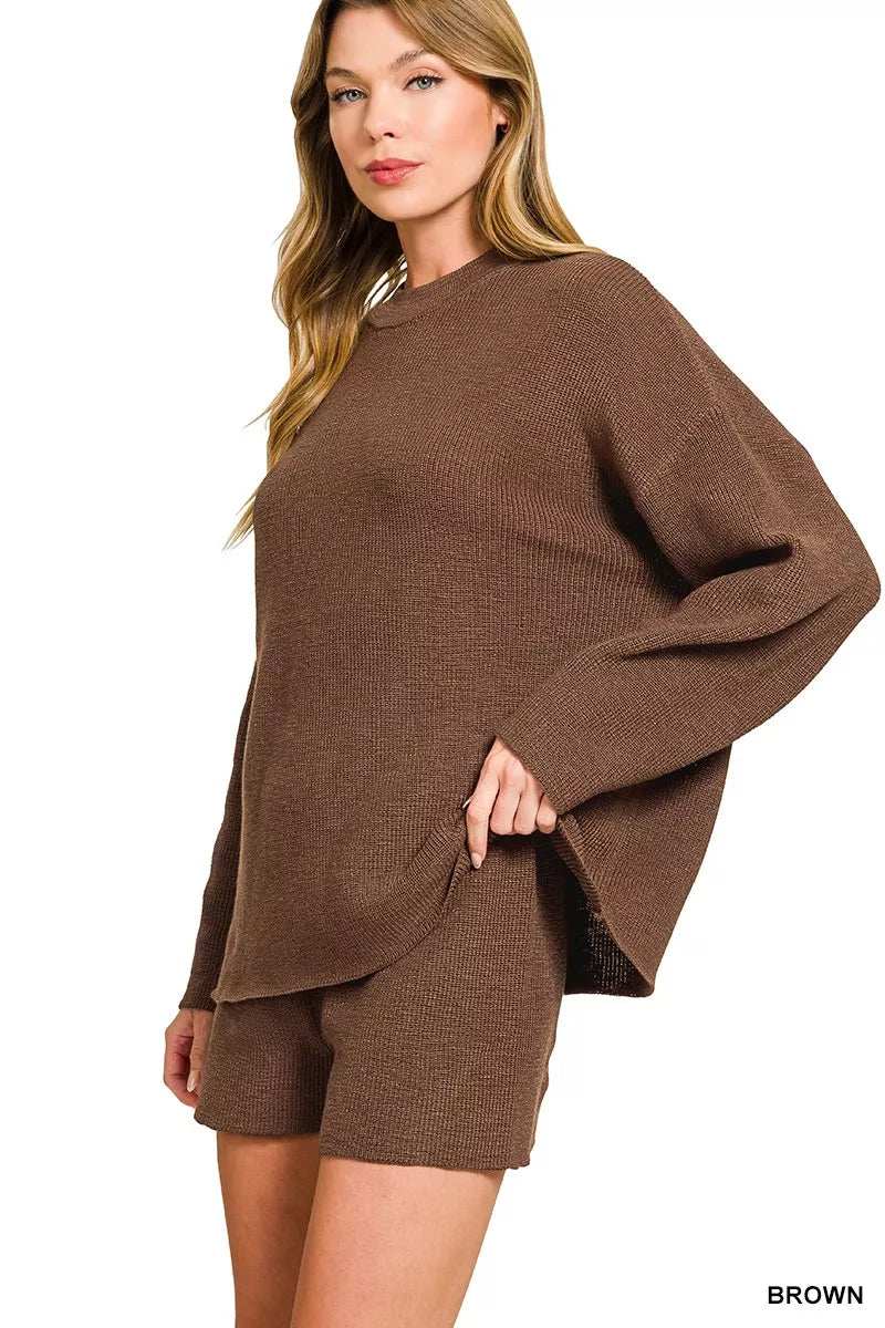 Zenana Round Neck Knit Top and Shorts Sweater Set - Trendsi - Flyclothing LLC