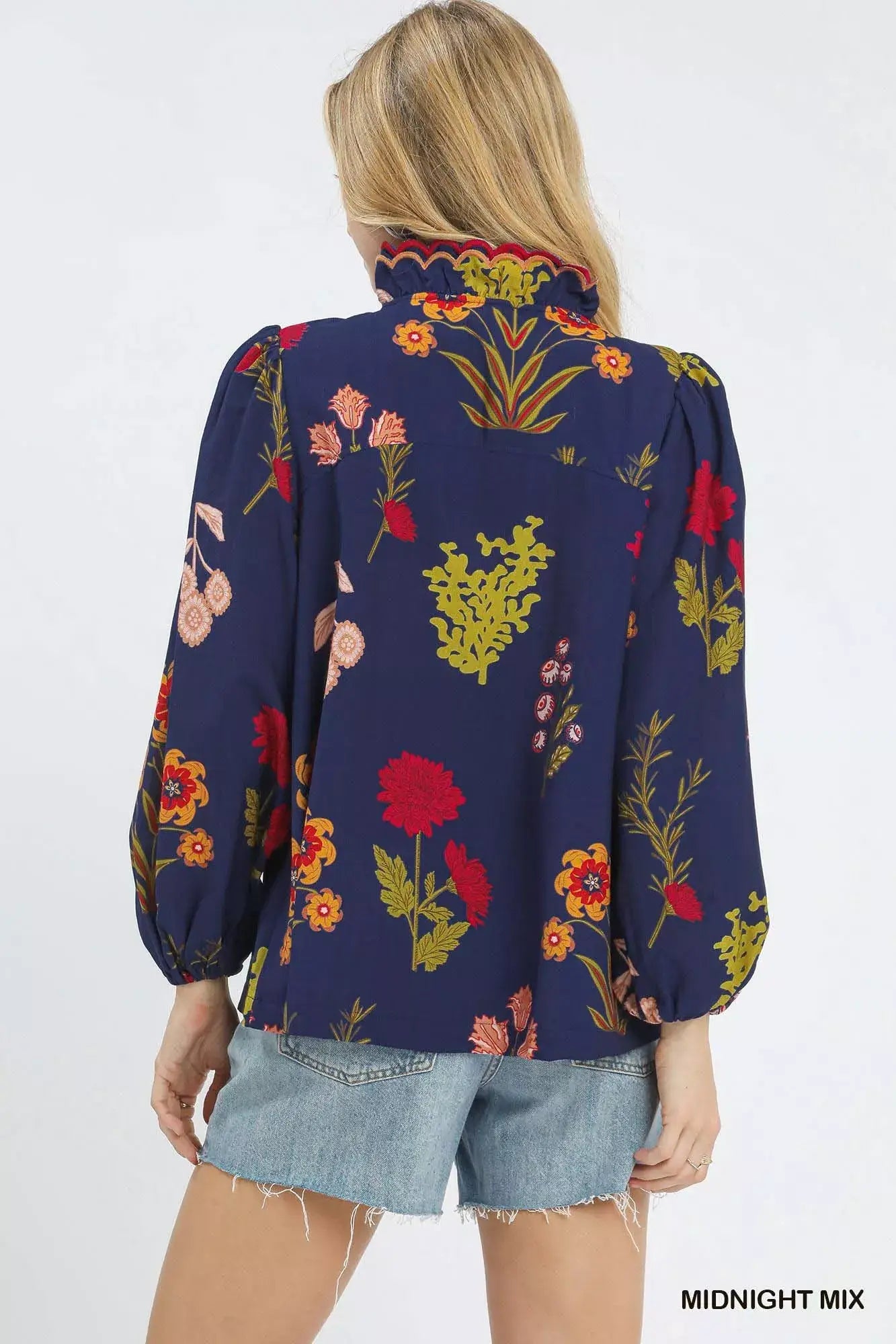 Umgee Flower Print Blouse with Scalloped Neckline - Trendsi - Flyclothing LLC