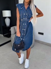 Collared Neck Cap Sleeve Denim Dress - Trendsi