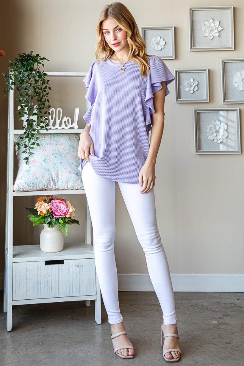 Heimish Full Size Ruffled Sleeve Ribbed Top - Trendsi - Flyclothing LLC