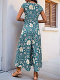 Perfee Printed Round Neck Cap Sleeve Wide Leg Jumpsuit - Trendsi