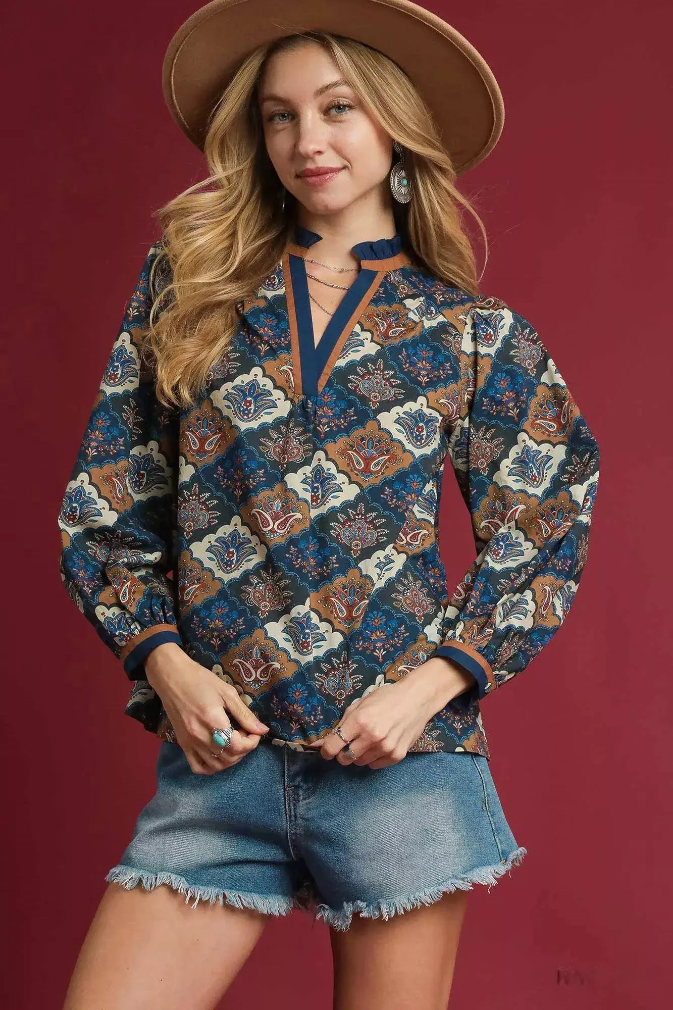 Umgee Abstract Print Ruffle Neck Top - Trendsi - Flyclothing LLC