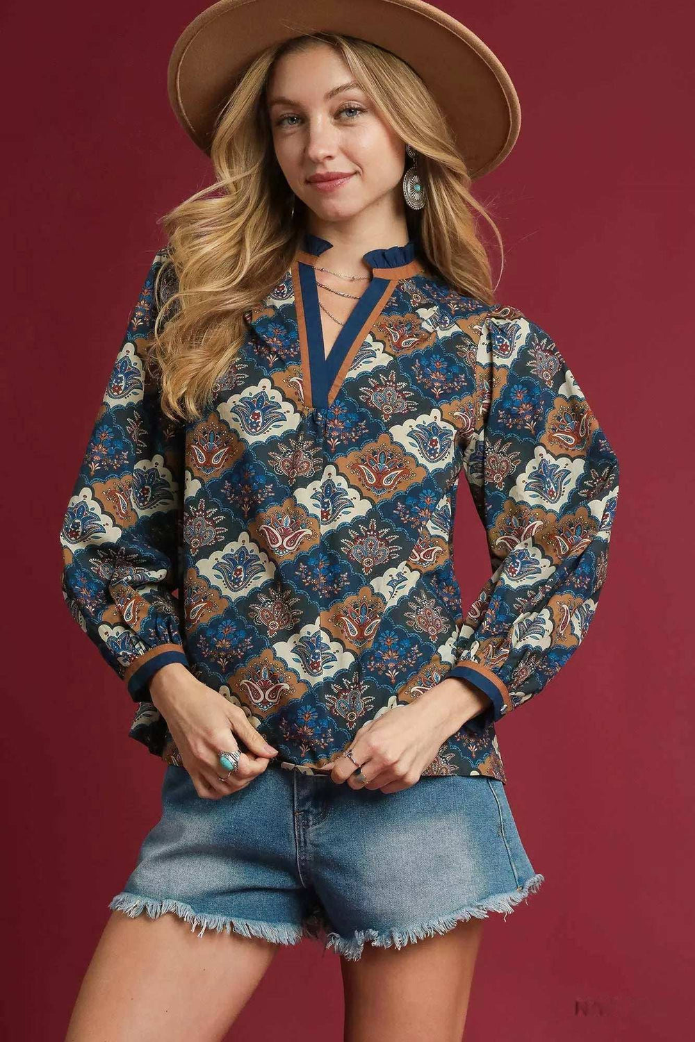 Umgee Abstract Print Ruffle Neck Top - Trendsi - Flyclothing LLC