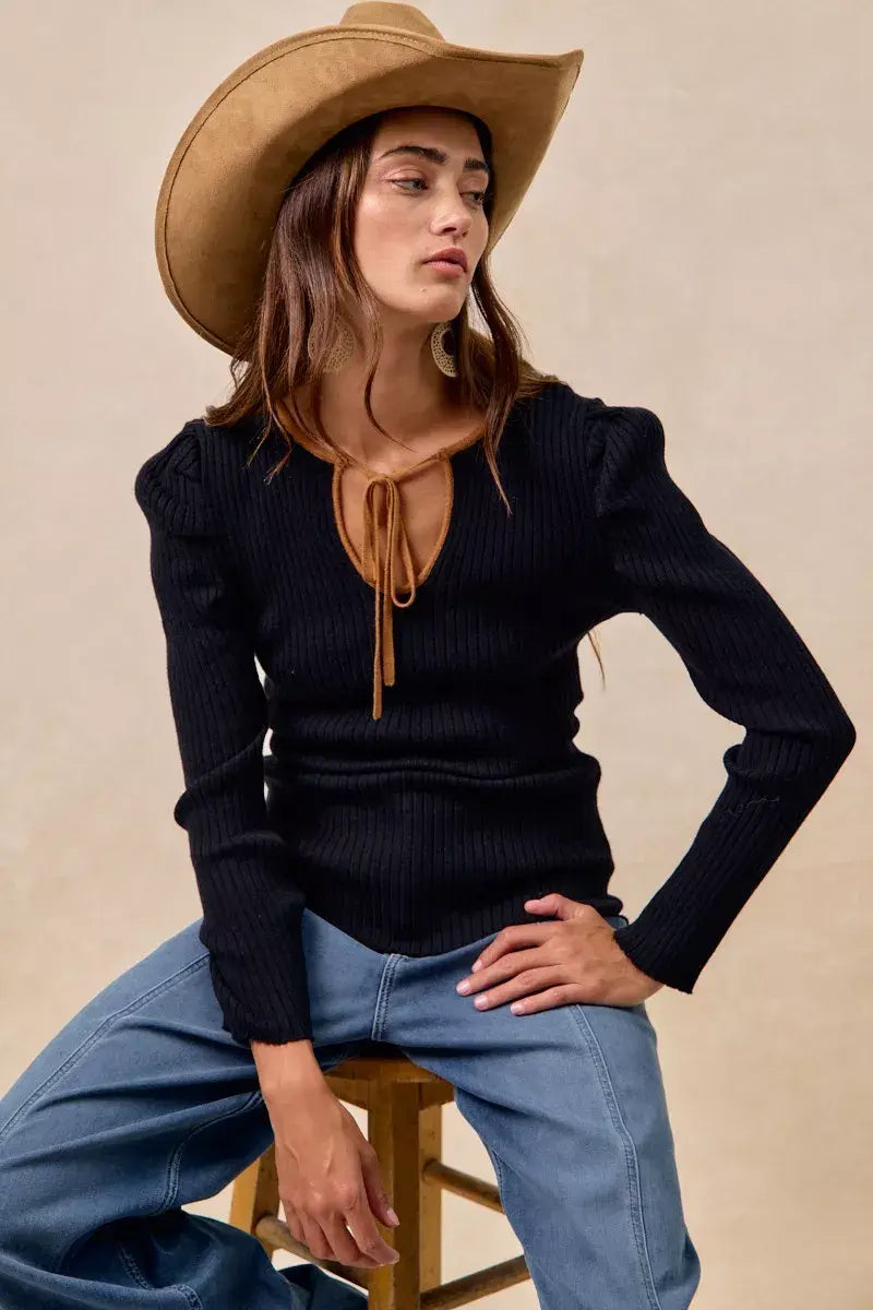 BiBi Ribbed Contrast Front Tied Top with Shrried - Trendsi - Flyclothing LLC