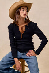 BiBi Ribbed Contrast Front Tied Top with Shrried - Trendsi - Flyclothing LLC