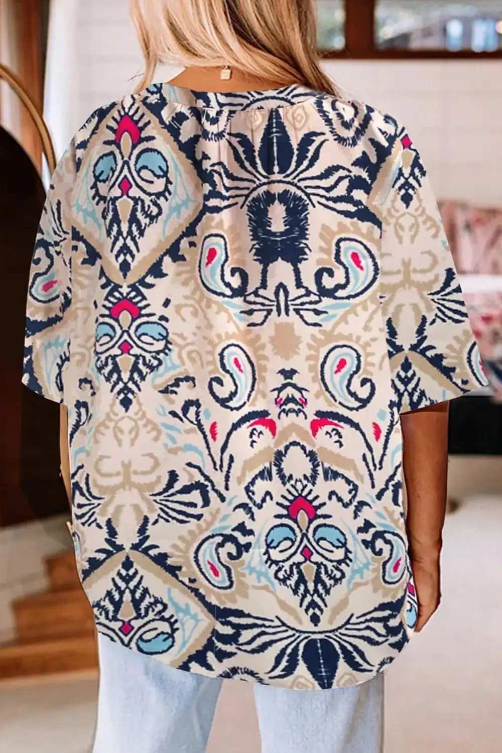 Printed Notched Half Sleeve Blouse - Trendsi - Flyclothing LLC