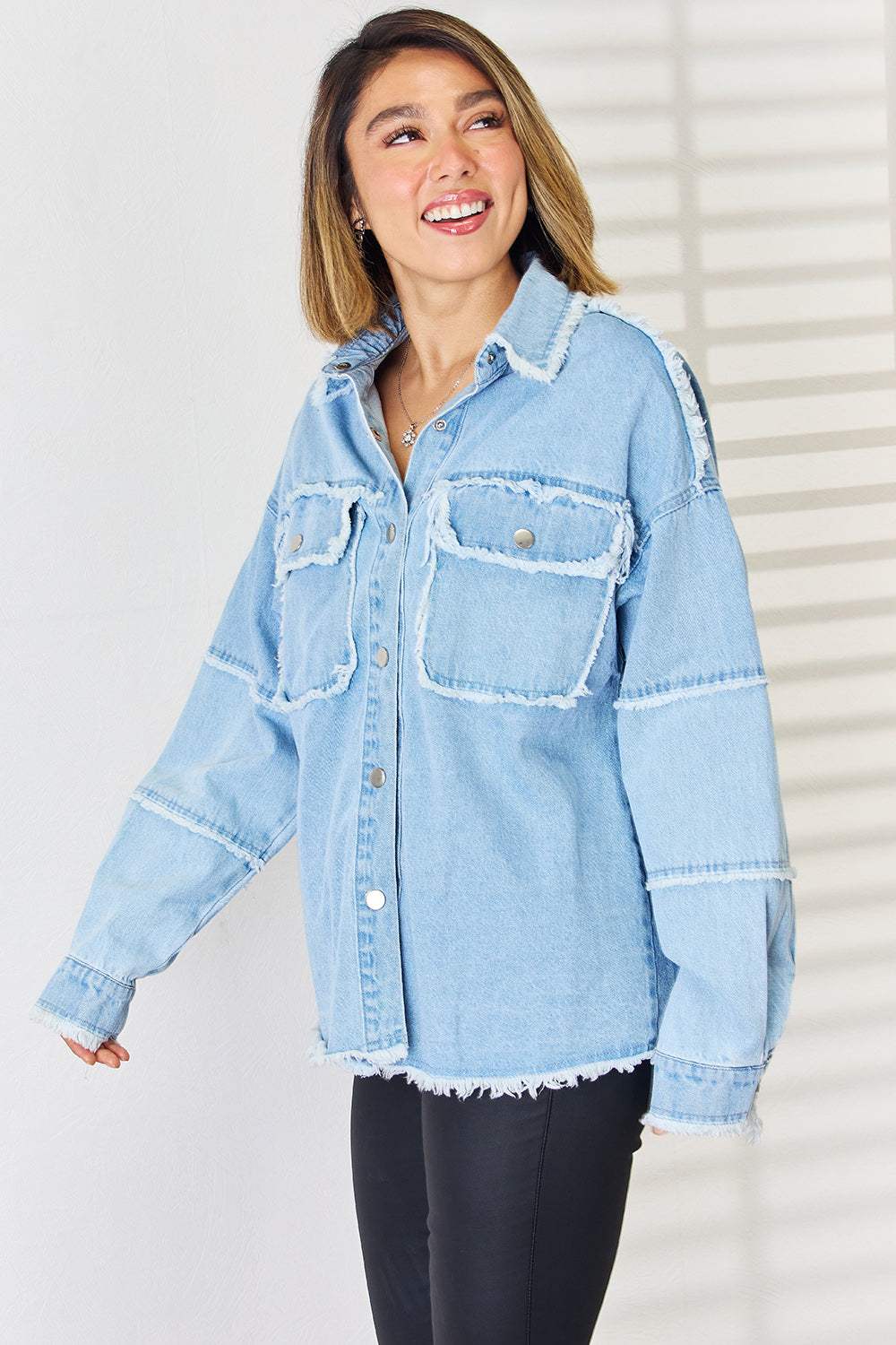 PEACE Raw Hem Dropped Shoulder Denim Top - Trendsi - Flyclothing LLC