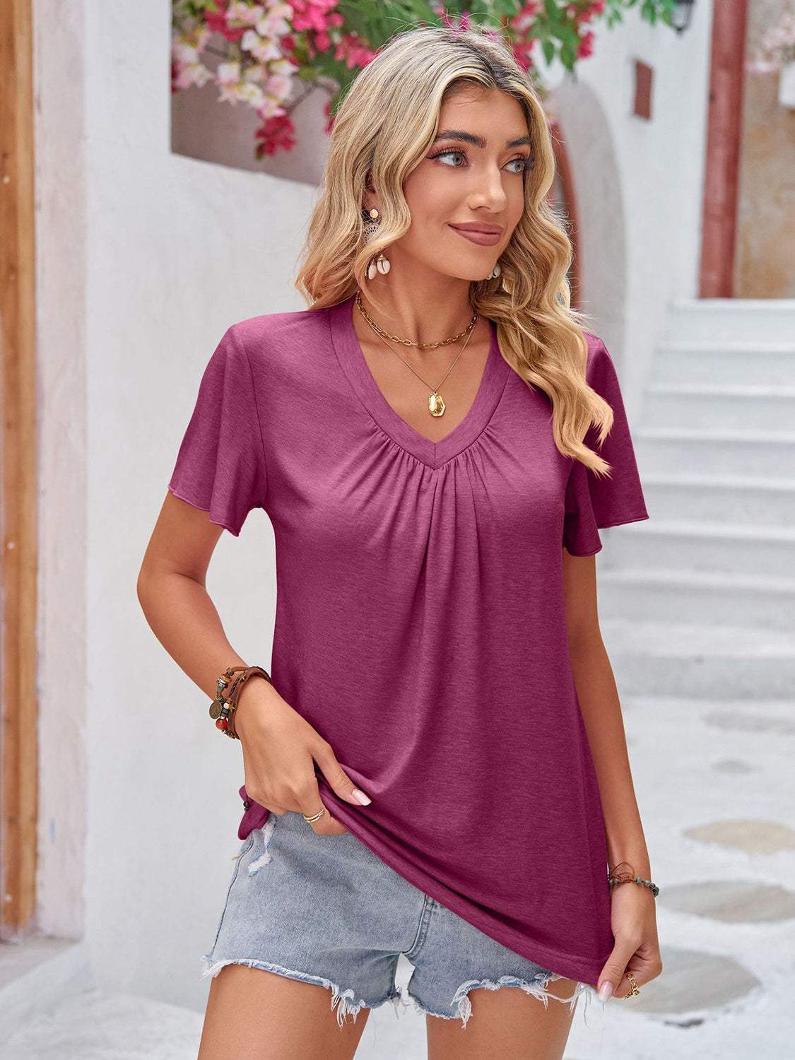 Double Take Ruched V-Neck Short Sleeve T-Shirt - Trendsi - Flyclothing LLC