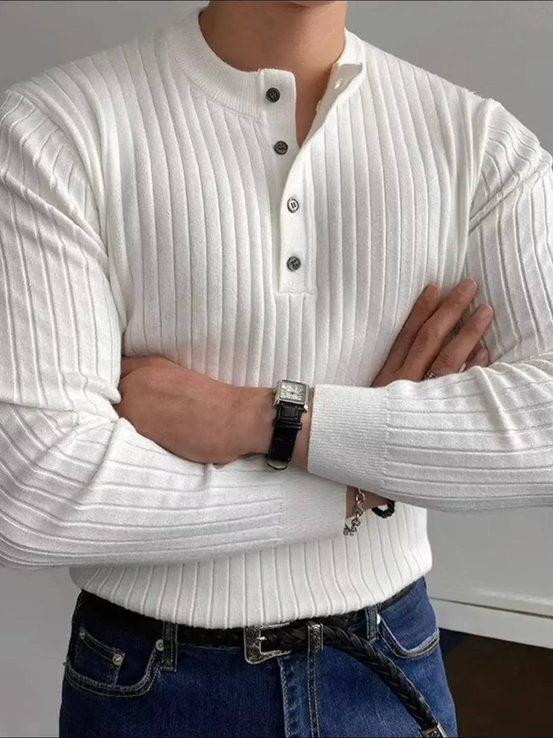 Button Detail Ribbed Long Sleeve Men's Knit Top - Trendsi - Flyclothing LLC