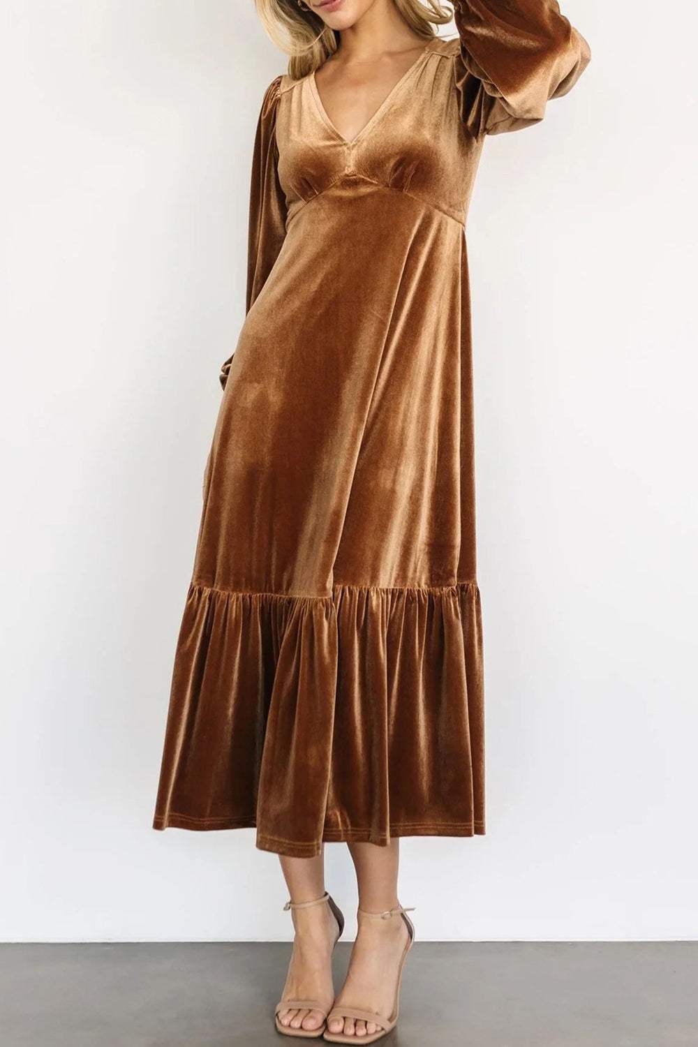V-Neck Long Sleeve Midi Velvet Dress - Trendsi - Flyclothing LLC