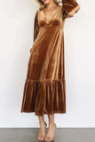 V-Neck Long Sleeve Midi Velvet Dress - Trendsi - Flyclothing LLC