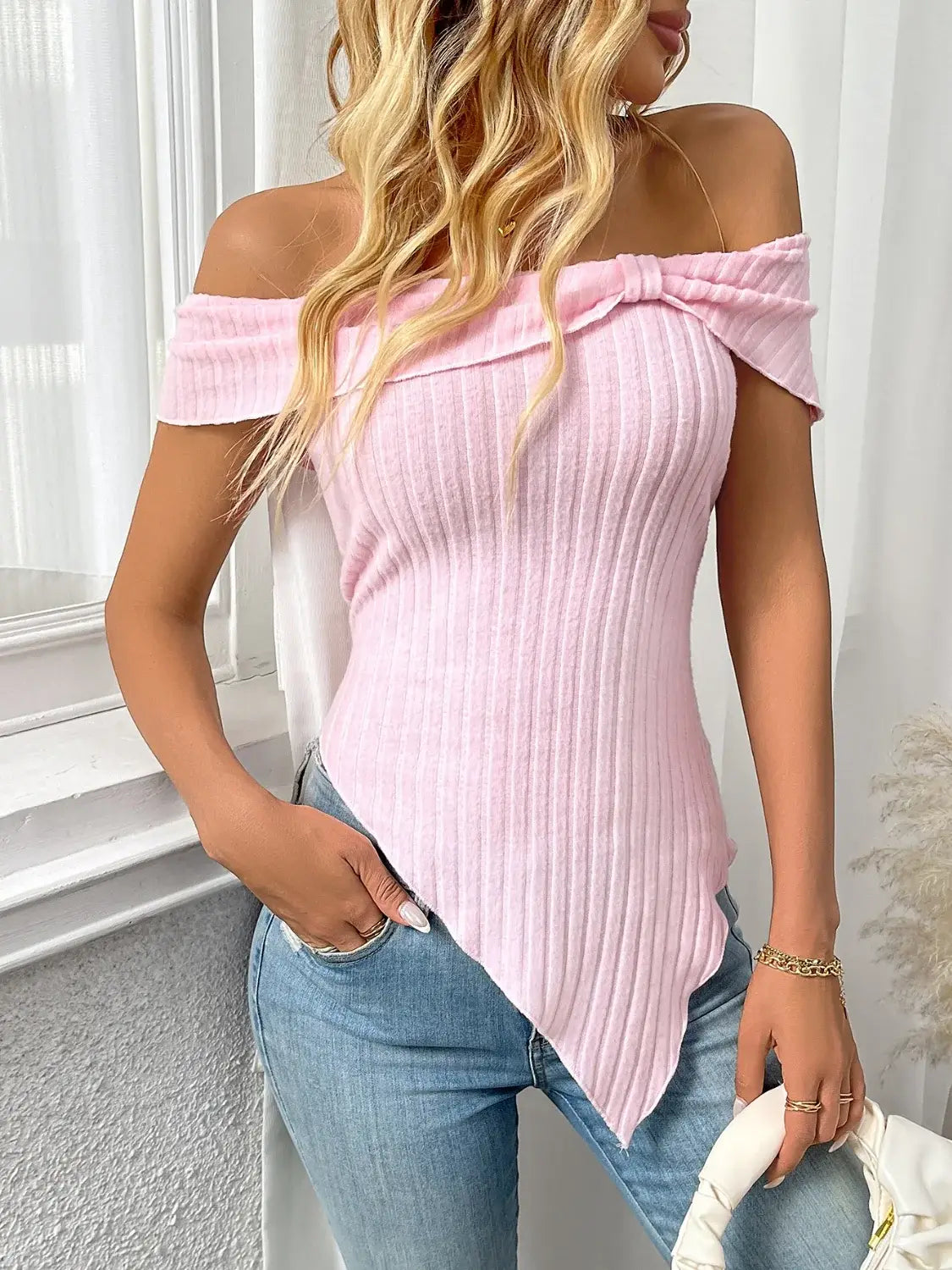 Ribbed Off-Shoulder Asymmetrical Hem T-Shirt - Trendsi - Flyclothing LLC