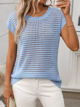 Openwork Round Neck Short Sleeve Knit Cover Up - Trendsi - Flyclothing LLC