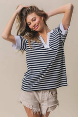 BiBi Contrast Striped Notched Knit Top - Trendsi - Flyclothing LLC