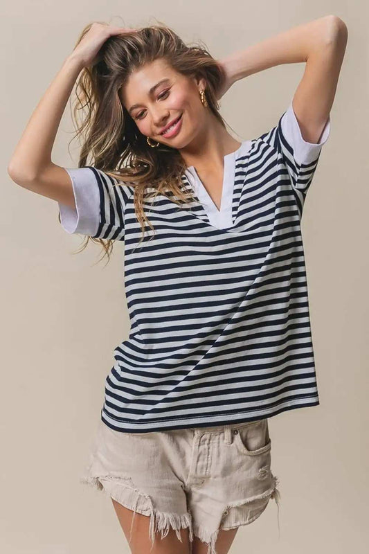 BiBi Contrast Striped Notched Knit Top - Trendsi - Flyclothing LLC