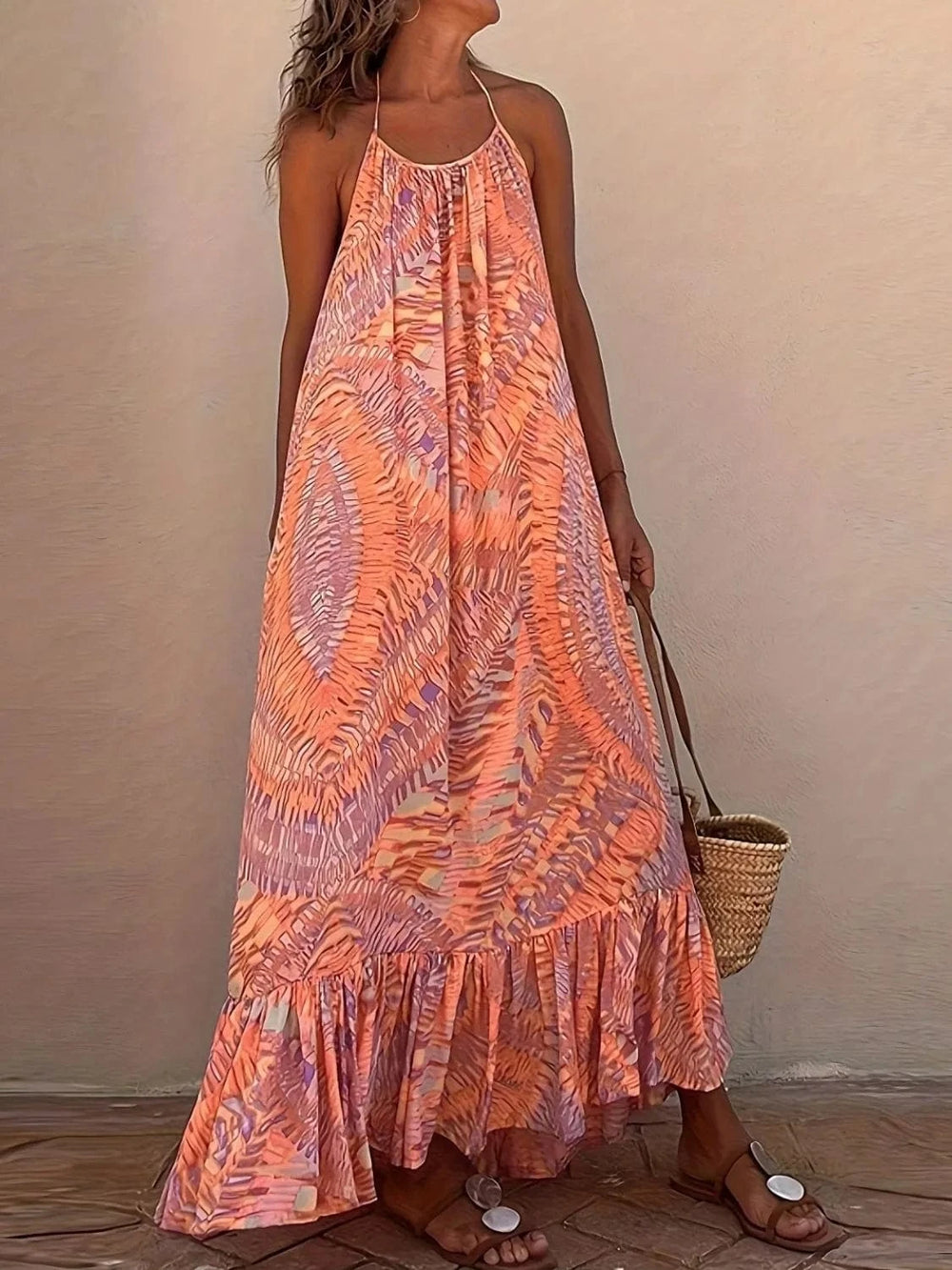 Backless Printed Halter Neck Maxi Cami Dress - Trendsi