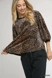 Umgee Leopard Round Neck Three-Quarter Sleeve Blouse - Trendsi - Flyclothing LLC