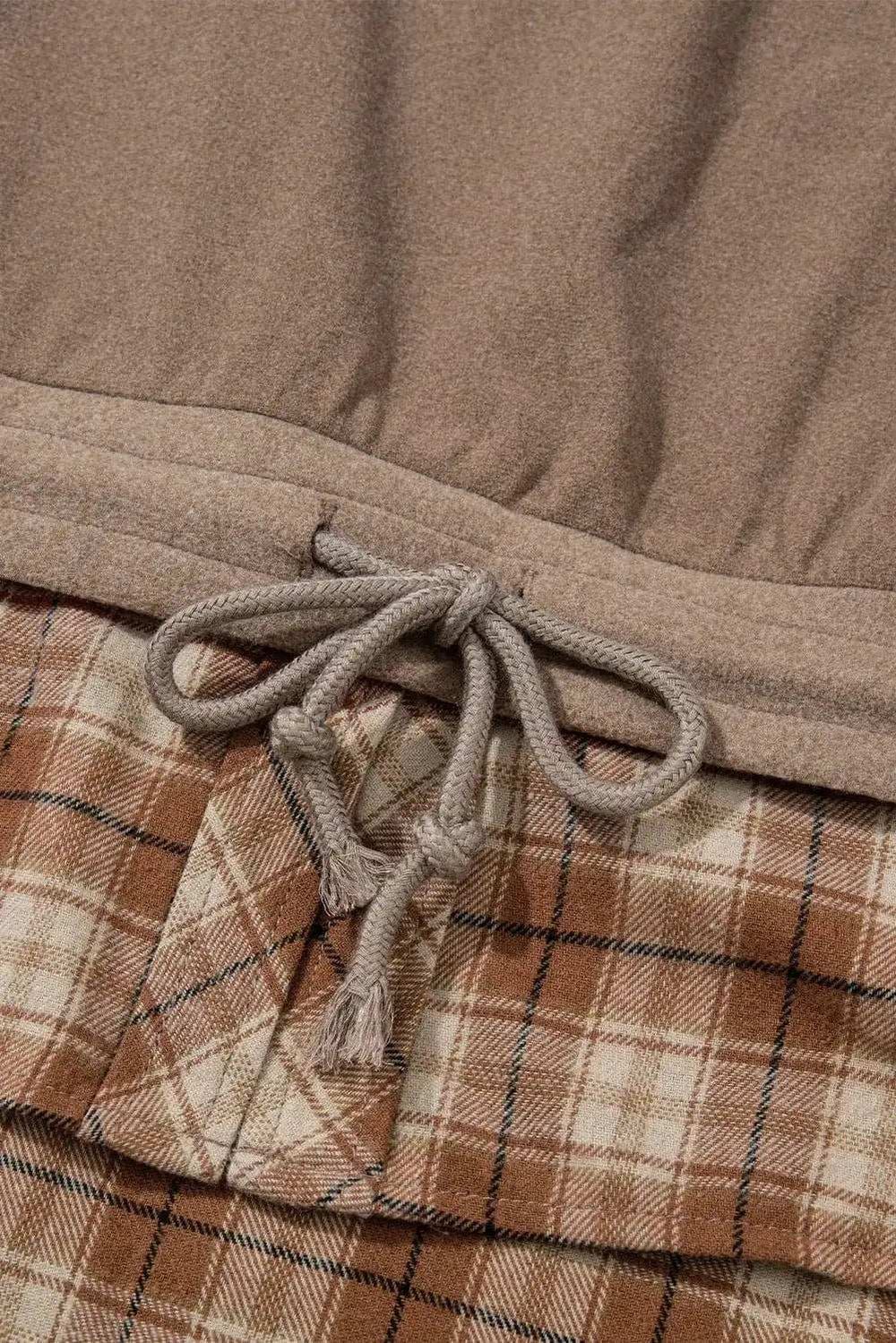 Drawstring Plaid Turtleneck Long Sleeve Top - Trendsi - Flyclothing LLC