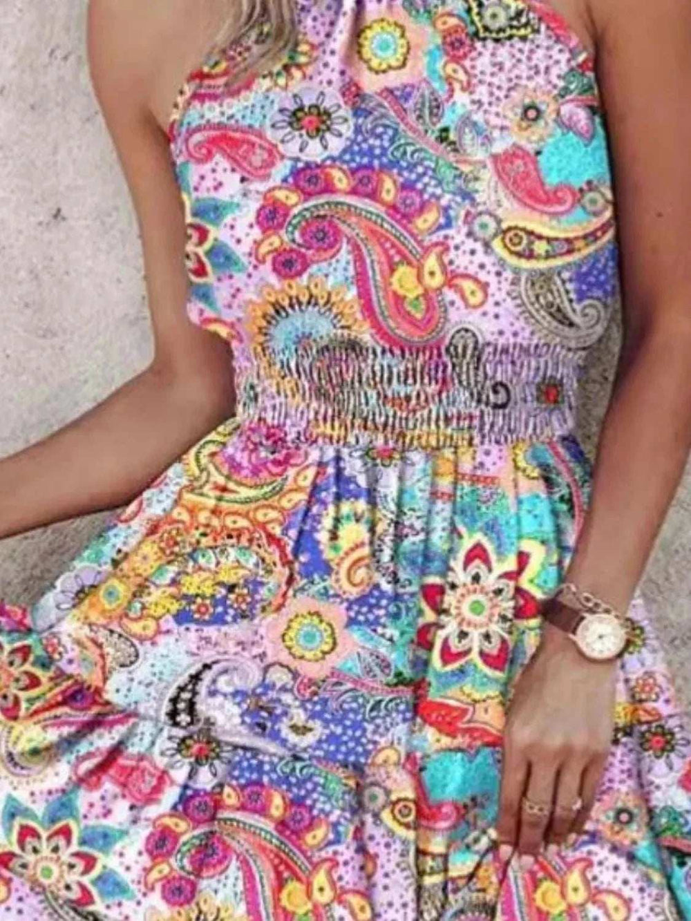 Smocked Printed Halter Neck Mini Dress - Trendsi - Flyclothing LLC