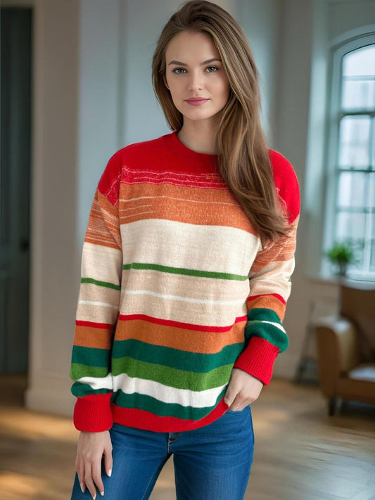 Contrast Striped Round Neck Long Sleeve Sweater - Trendsi