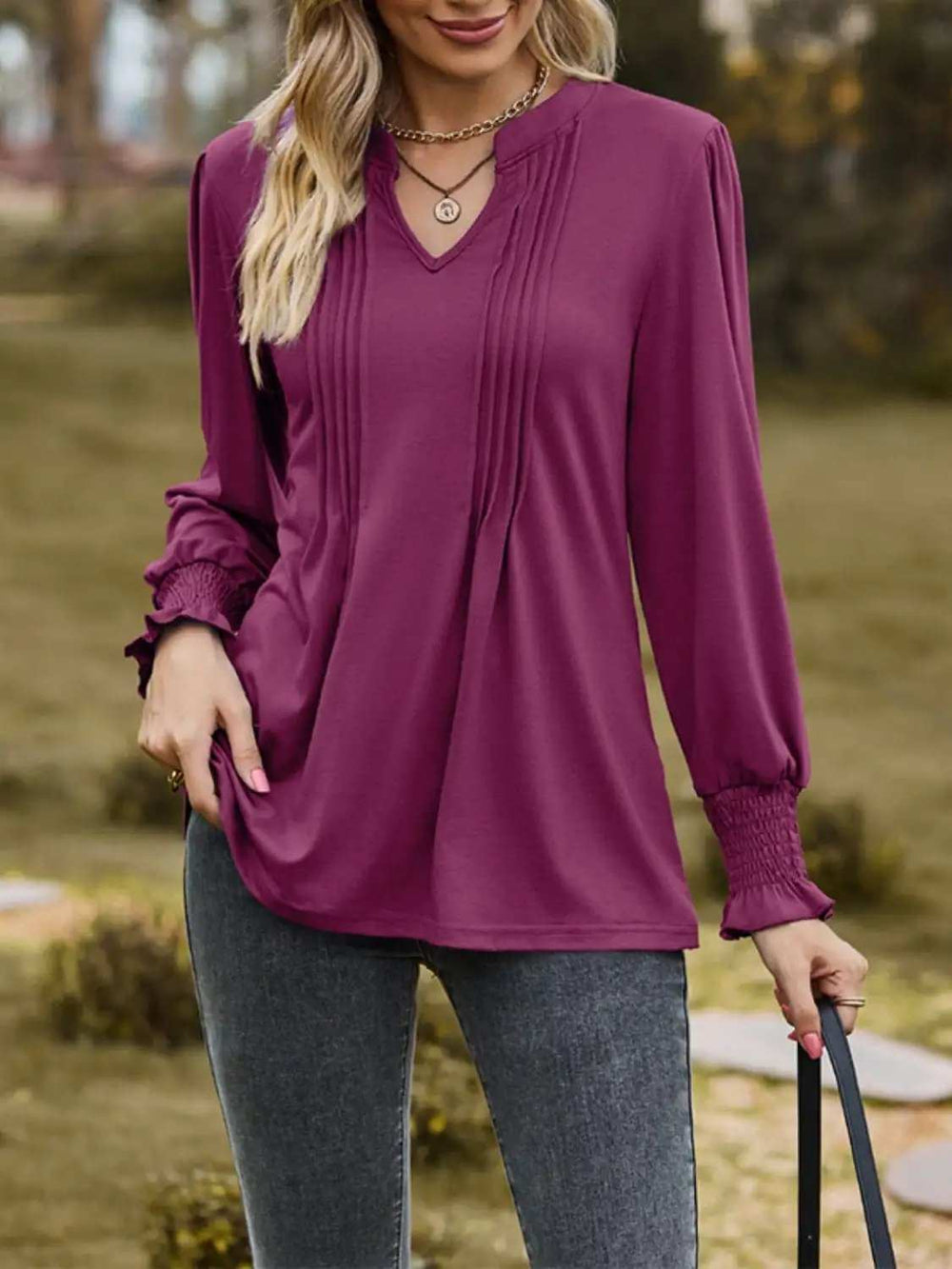 Ruched Notched Long Sleeve T-Shirt - Trendsi - Flyclothing LLC