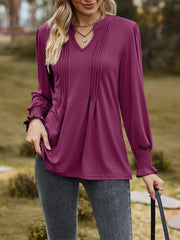 Ruched Notched Long Sleeve T-Shirt - Trendsi